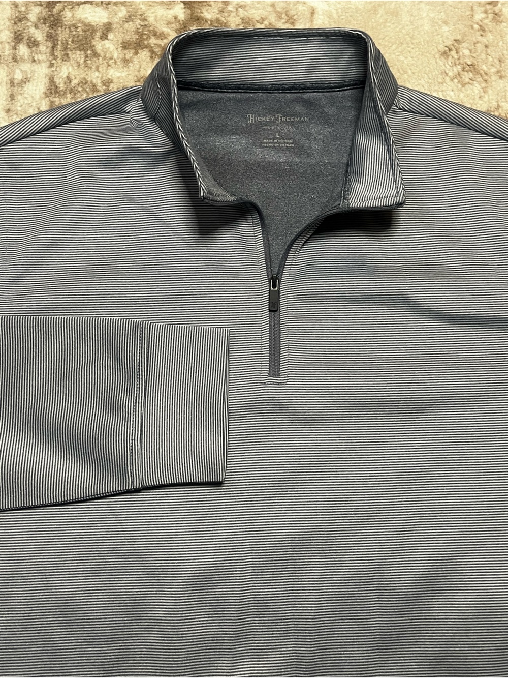 Hickey Freeman Mens Large Grey White Micro Stripe Quarter Zip Pullover Sweater L